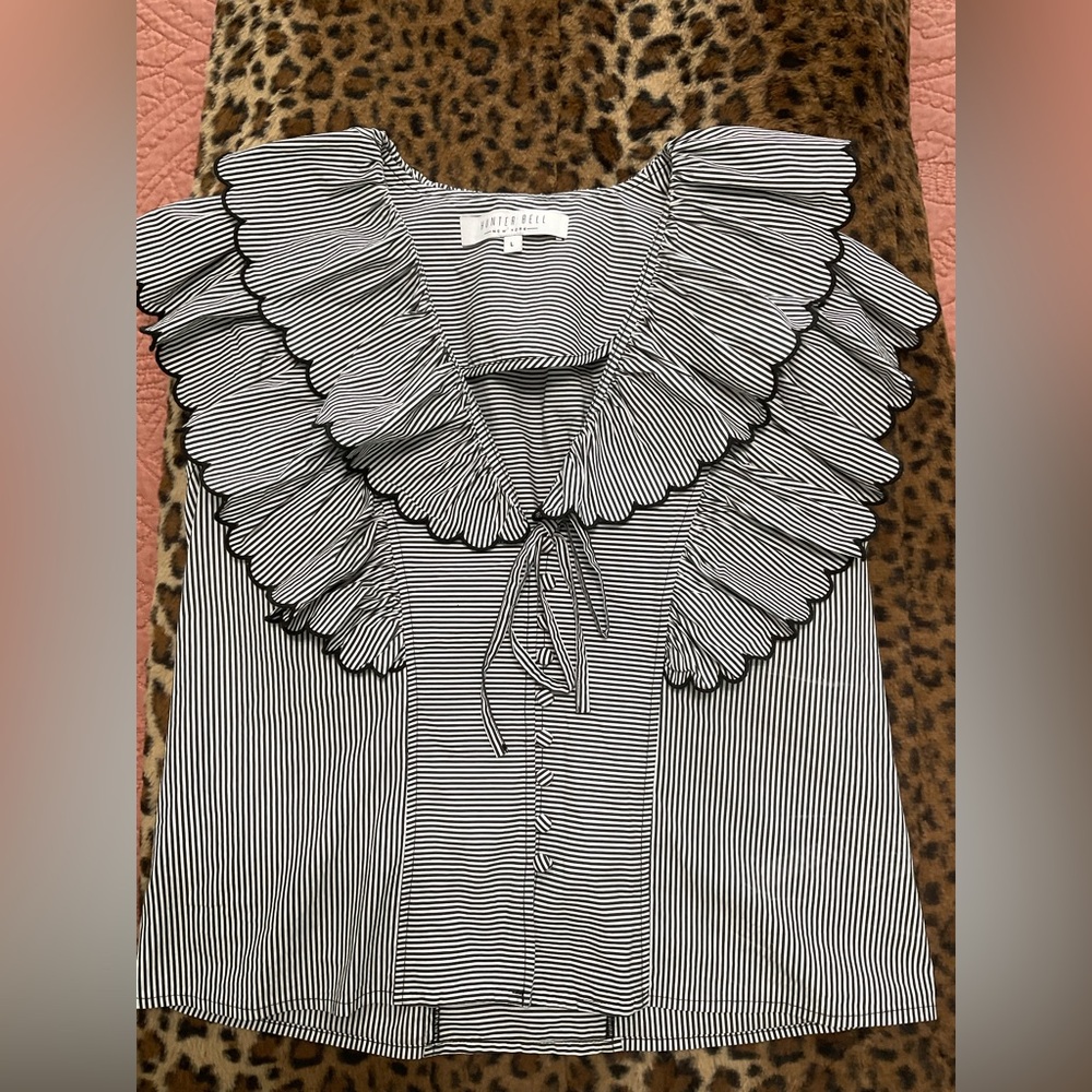 HUNTER BELL Black and White Striped Ruffle-Trim Tie-Neck Blouse